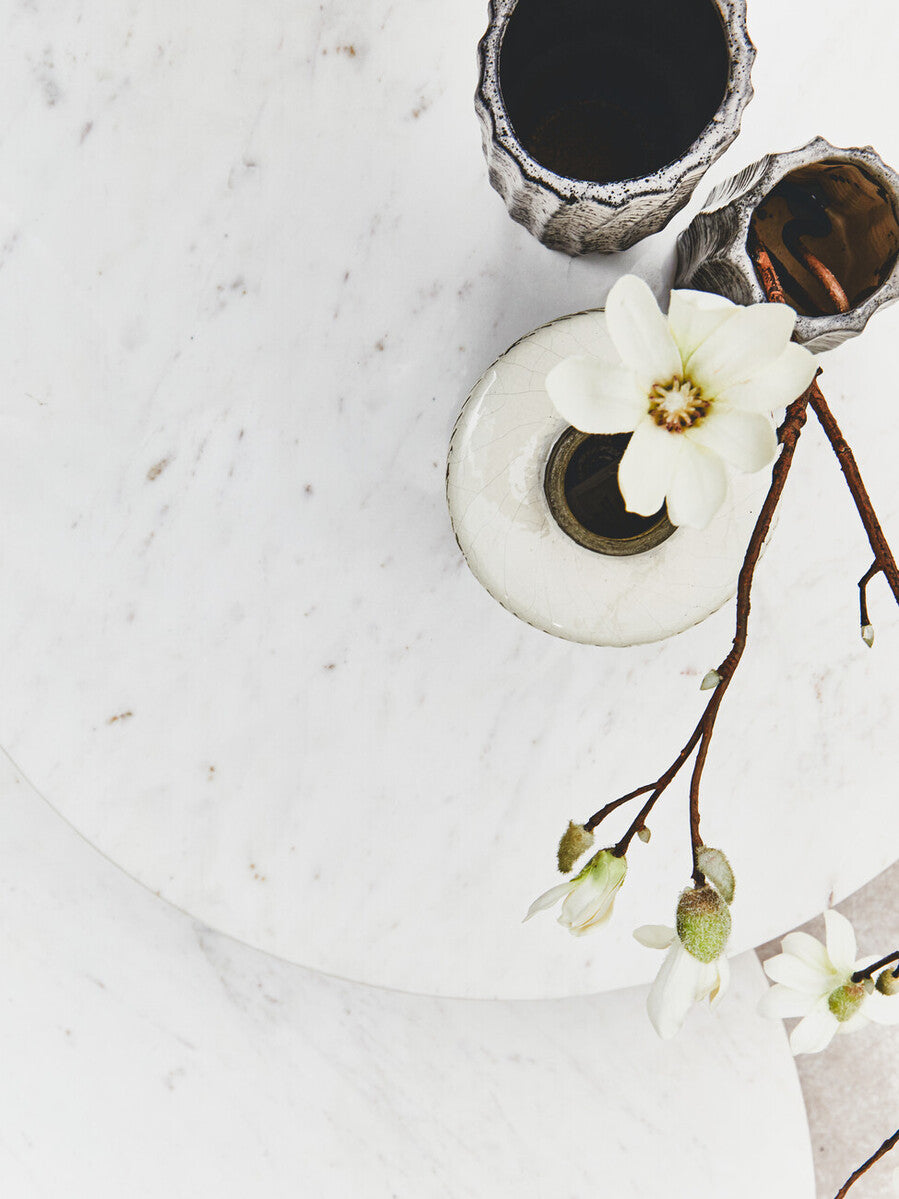 White Marble Top Round Side Table with Sustainable Acacia Wood Base | Myan