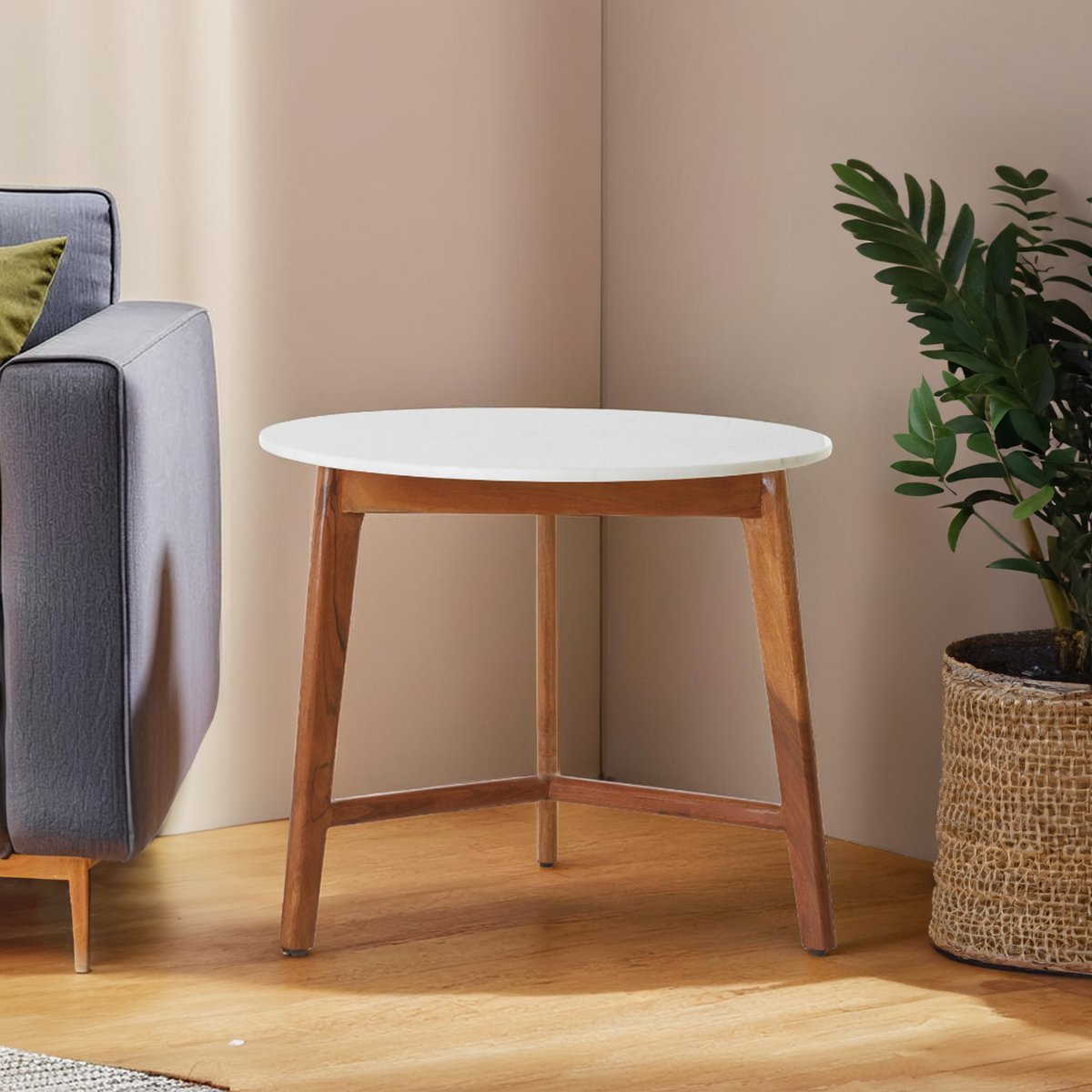 White Marble Top Round Side Table with Sustainable Acacia Wood Base | Myan
