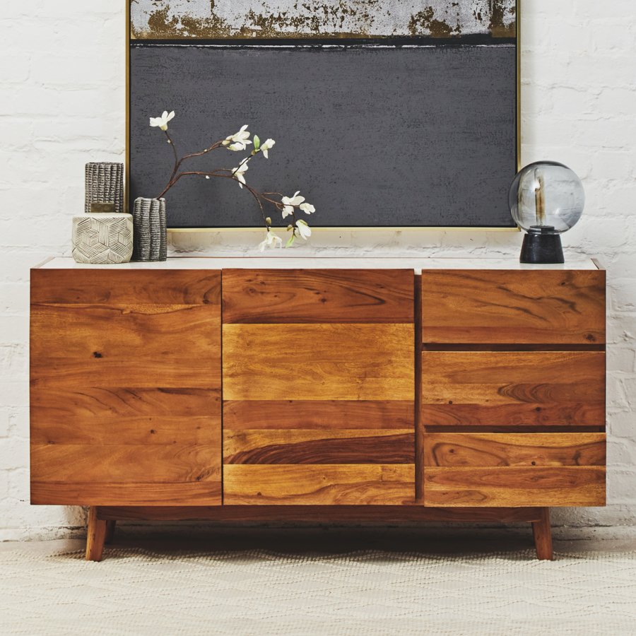 3 Drawer Acacia Wood White Marble Sideboard | Myan