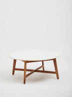 White Marble Round Top Coffee Table with Acacia Wood Legs | Myan