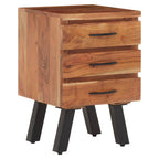 Natural Acacia Wood 3-Drawer Side Table with Black Metallic Legs and Handles | Nashik