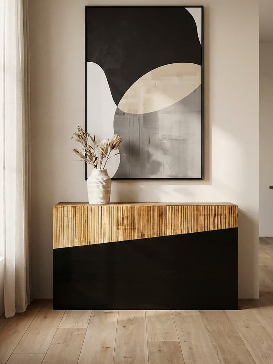 Two Tone Natural Bamboo Console Table with Dark Ebony Finish Base, Gabor