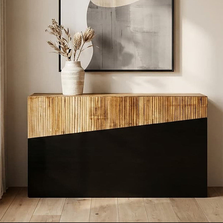 Two Tone Natural Bamboo Console Table with Dark Ebony Finish Base, Gabor
