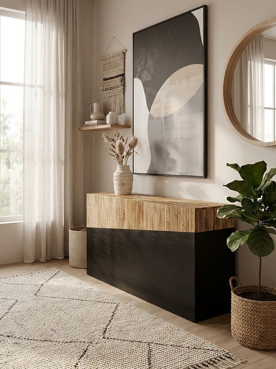Two Tone Natural Bamboo Console Table with Dark Ebony Finish Base, Gabor