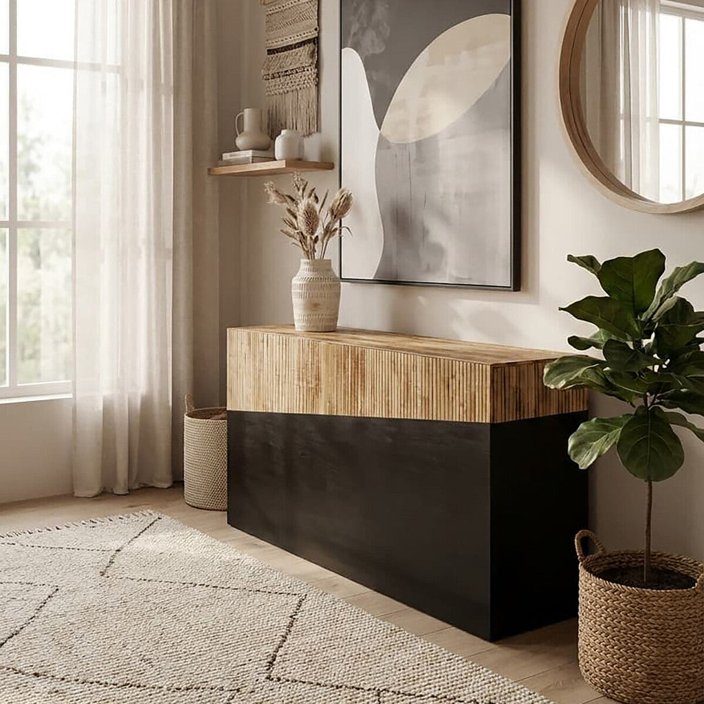 Two Tone Natural Bamboo Console Table with Dark Ebony Finish Base, Gabor