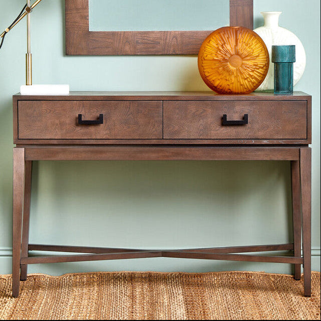 Antique Grey 2-Drawer Console Table with Black Metal Rectangular Handles | Dimaro