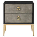 Grey Shagreen Effect 2-Drawer Side Table with Black Top and Gold Metal Legs | Deruta