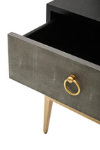 Grey Shagreen Effect 2-Drawer Side Table with Black Top and Gold Metal Legs | Deruta