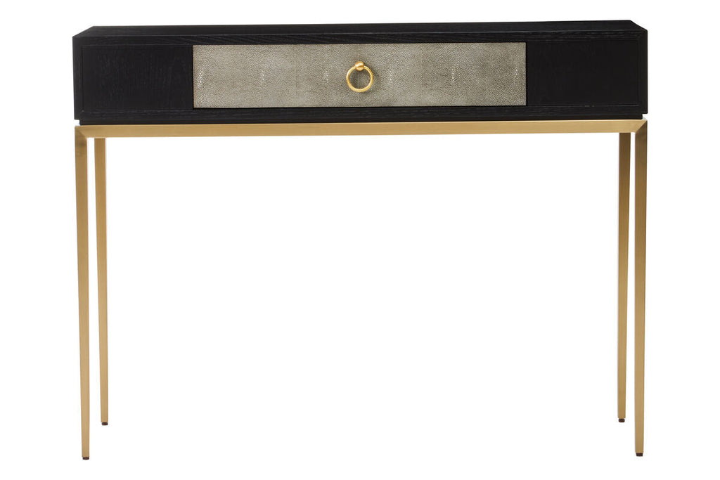 Black Top and Grey Shagreen Effect 1-Drawer Console Table with Gold Metal Legs | Deruta