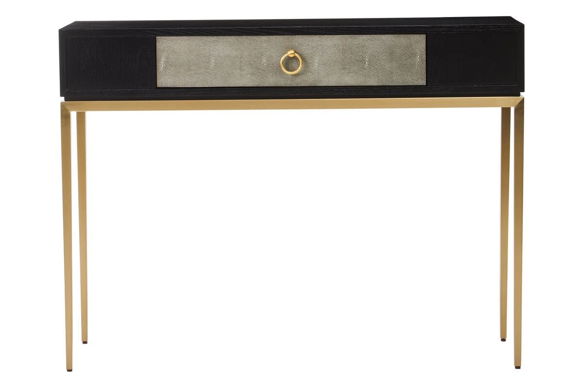 Black Top and Grey Shagreen Effect 1-Drawer Console Table with Gold Metal Legs | Deruta