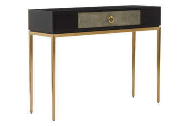 Black Top and Grey Shagreen Effect 1-Drawer Console Table with Gold Metal Legs | Deruta