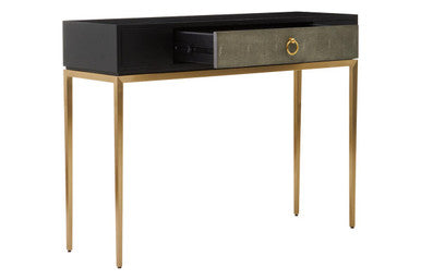 Black Top and Grey Shagreen Effect 1-Drawer Console Table with Gold Metal Legs | Deruta