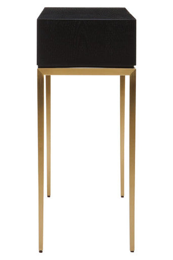 Black Top and Grey Shagreen Effect 1-Drawer Console Table with Gold Metal Legs | Deruta