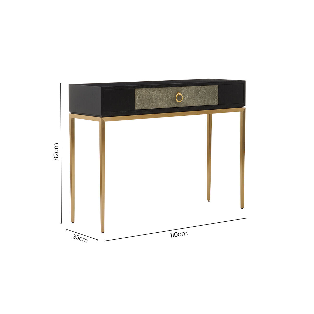 Black Top and Grey Shagreen Effect 1-Drawer Console Table with Gold Metal Legs | Deruta