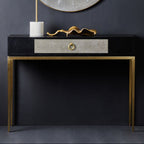 Black Top and Grey Shagreen Effect 1-Drawer Console Table with Gold Metal Legs | Deruta