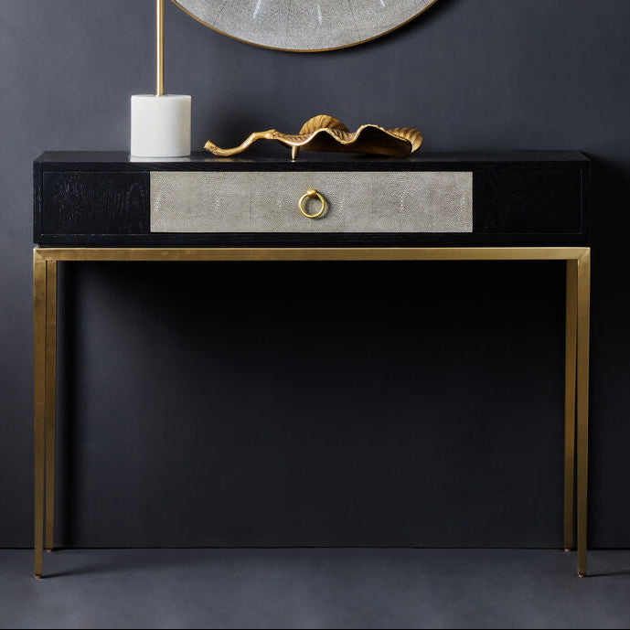 Black Top and Grey Shagreen Effect 1-Drawer Console Table with Gold Metal Legs | Deruta