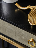 Black Top and Grey Shagreen Effect 1-Drawer Console Table with Gold Metal Legs | Deruta