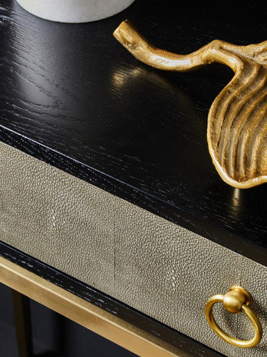 Black Top and Grey Shagreen Effect 1-Drawer Console Table with Gold Metal Legs | Deruta