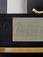 Black Top and Grey Shagreen Effect 1-Drawer Console Table with Gold Metal Legs | Deruta