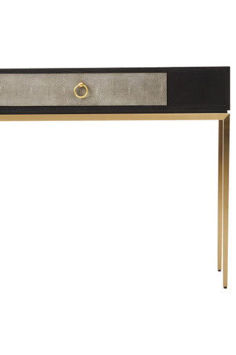 Black Top and Grey Shagreen Effect 1-Drawer Console Table with Gold Metal Legs | Deruta