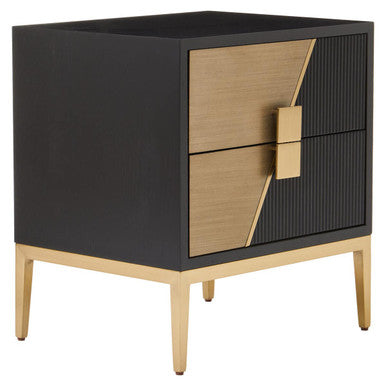 Black Fluted and Natural Grain Diagonal Front 2-Drawer Side Table with Gold Handles | Davoli