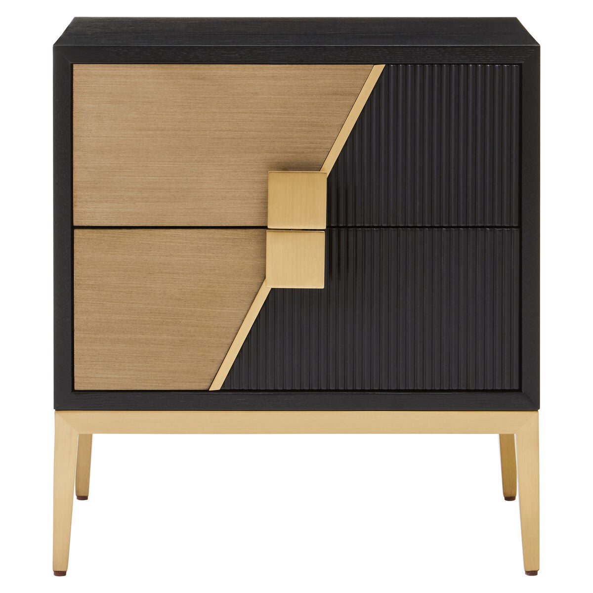 Black Fluted and Natural Grain Diagonal Front 2-Drawer Side Table with Gold Handles | Davoli