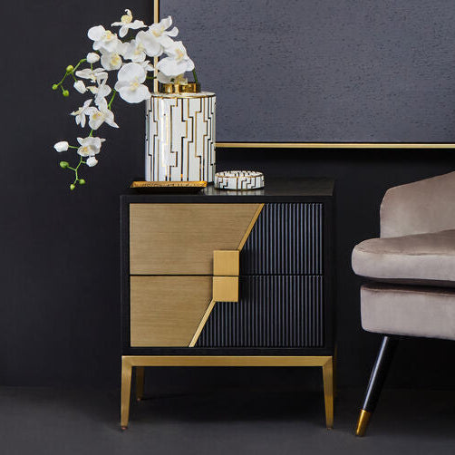 Black Fluted and Natural Grain Diagonal Front 2-Drawer Side Table with Gold Handles | Davoli