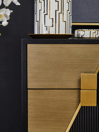 Black Fluted and Natural Grain Diagonal Front 2-Drawer Side Table with Gold Handles | Davoli