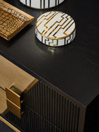 Black Fluted and Natural Grain Diagonal Front 2-Drawer Side Table with Gold Handles | Davoli