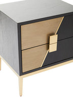 Black Fluted and Natural Grain Diagonal Front 2-Drawer Side Table with Gold Handles | Davoli