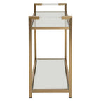 Matte Gold Stainless Steel Console Table with Clear Glass Top and Shelf | Vogue