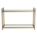 Matte Gold Stainless Steel Console Table with Clear Glass Top and Shelf | Vogue