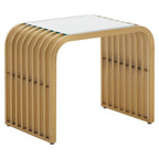 Matte Gold Slatted End Table with Clear Glass Top and Storage Shelf, Vogue