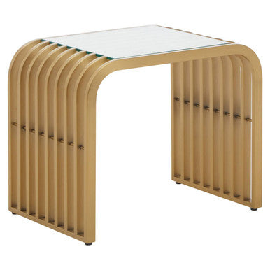 Matte Gold Slatted End Table with Clear Glass Top and Storage Shelf, Vogue