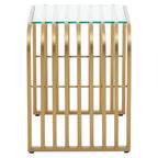 Matte Gold Slatted End Table with Clear Glass Top and Storage Shelf, Vogue