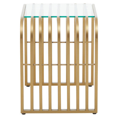 Matte Gold Slatted End Table with Clear Glass Top and Storage Shelf, Vogue
