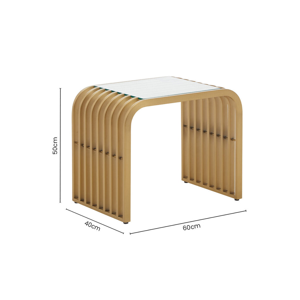 Matte Gold Slatted End Table with Clear Glass Top and Storage Shelf, Vogue