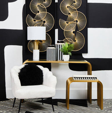 Matte Gold Slatted End Table with Clear Glass Top and Storage Shelf, Vogue
