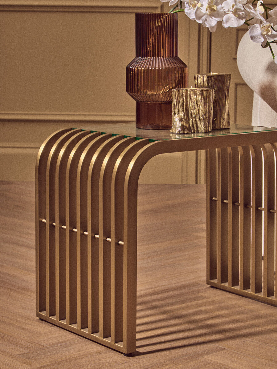 Matte Gold Slatted End Table with Clear Glass Top and Storage Shelf, Vogue