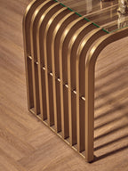Matte Gold Slatted End Table with Clear Glass Top and Storage Shelf, Vogue