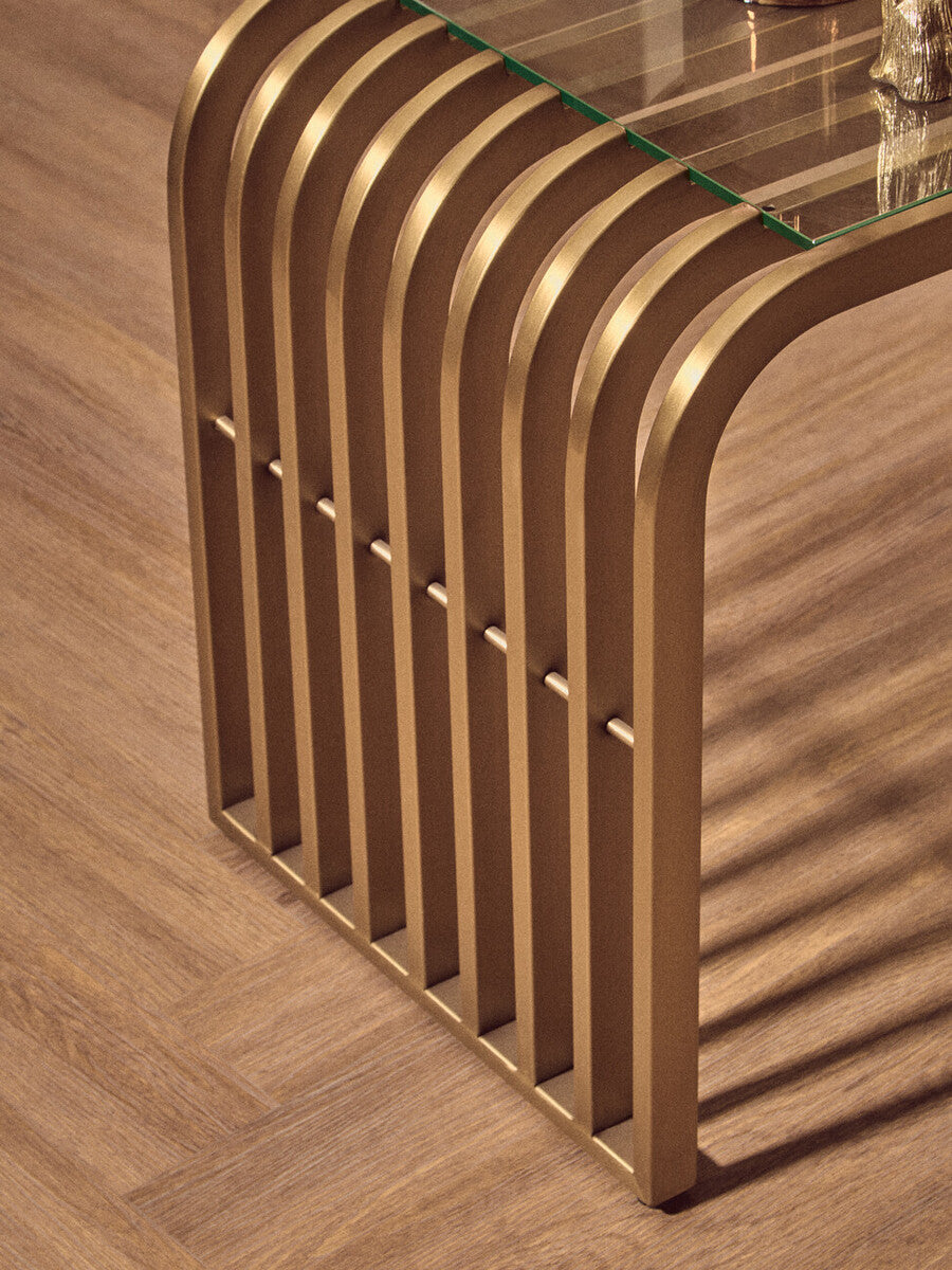 Matte Gold Slatted End Table with Clear Glass Top and Storage Shelf, Vogue