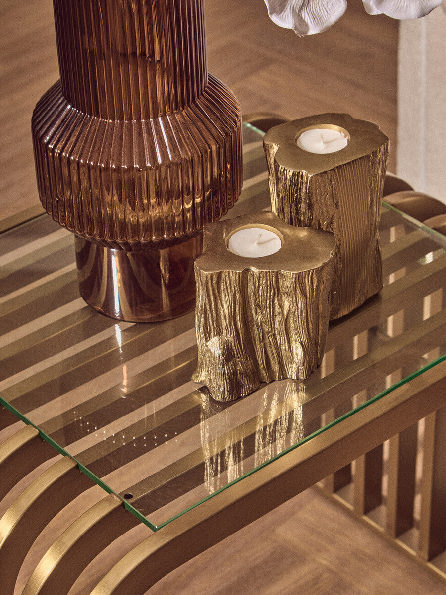 Matte Gold Slatted End Table with Clear Glass Top and Storage Shelf, Vogue