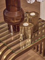 Matte Gold Slatted End Table with Clear Glass Top and Storage Shelf, Vogue