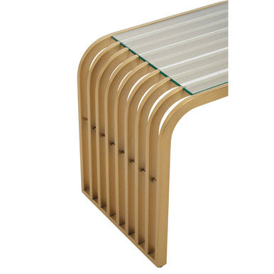 Matte Gold Slatted End Table with Clear Glass Top and Storage Shelf, Vogue