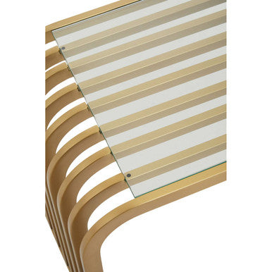 Matte Gold Slatted End Table with Clear Glass Top and Storage Shelf, Vogue