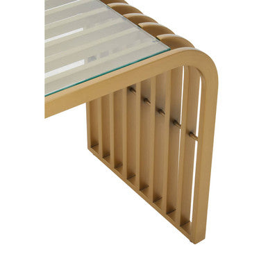 Matte Gold Slatted End Table with Clear Glass Top and Storage Shelf, Vogue