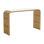Matte Gold Slatted Console Table with Clear Glass Top | Vogue