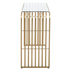 Matte Gold Slatted Console Table with Clear Glass Top | Vogue