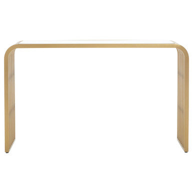 Matte Gold Slatted Console Table with Clear Glass Top | Vogue