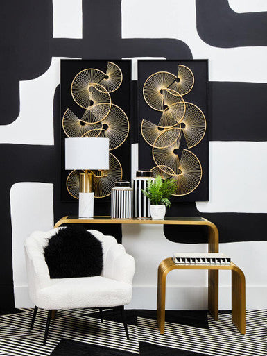 Matte Gold Slatted Console Table with Clear Glass Top | Vogue